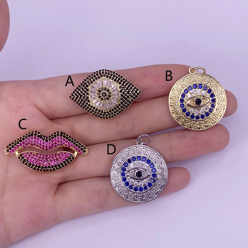 

Classic Vintage Round Evil Eye Sexy Lips Necklace Pendant Beads Turkish Gold Plated Colorful Zircon Fine Jewelry Accessories