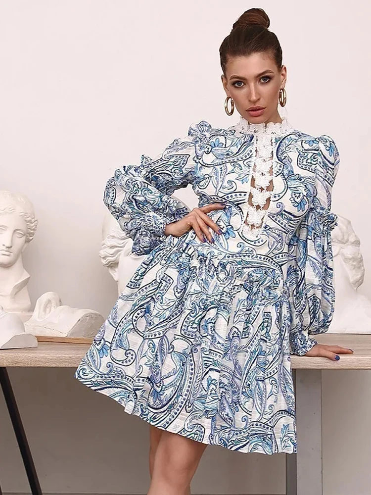 

Delocah High Quality Summer Women Fashion Designer Party Mini Dress Lantern Sleeve Gorgeous Lace Ruffles Vintage Print Dresses