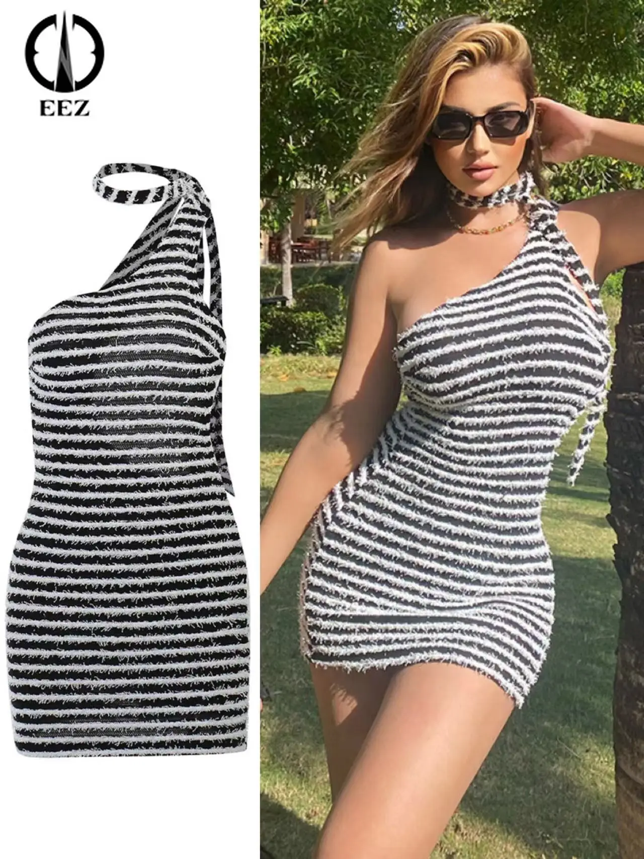 

Fuzzy Black and White Stripe Knitted Halter Mini Dresses Women Sexy One Shouder Backless Dress for Business Vacation Bodycon Y2k