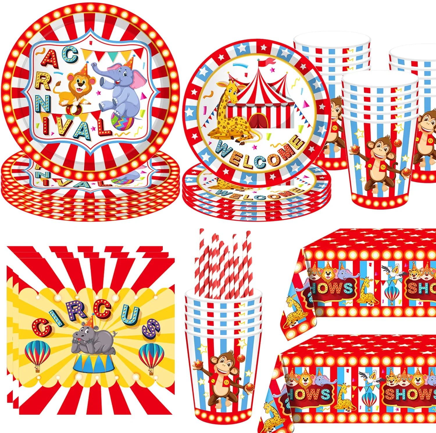 

Circus Carnival Party Supplies Disposable Tableware Paper Plates Napkins Cups Striped Animals Party Kids Birthday Decorations