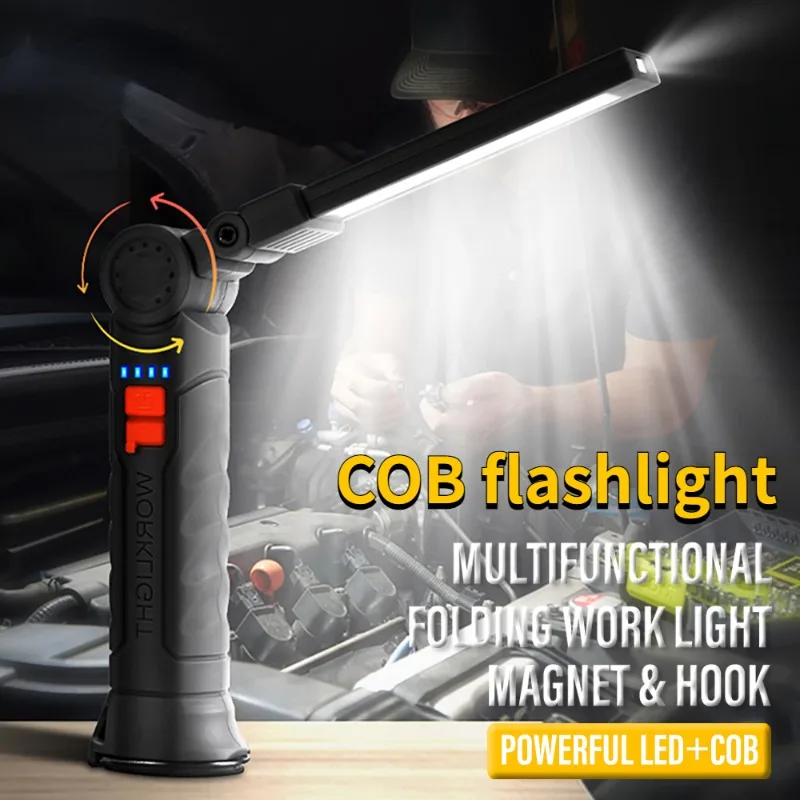 

Portable LED Work Lights USB Rechargeable 10W COB Flashlight with Magnet Hook Camping Fishing Lantern 4 Modes Waterproof Torch