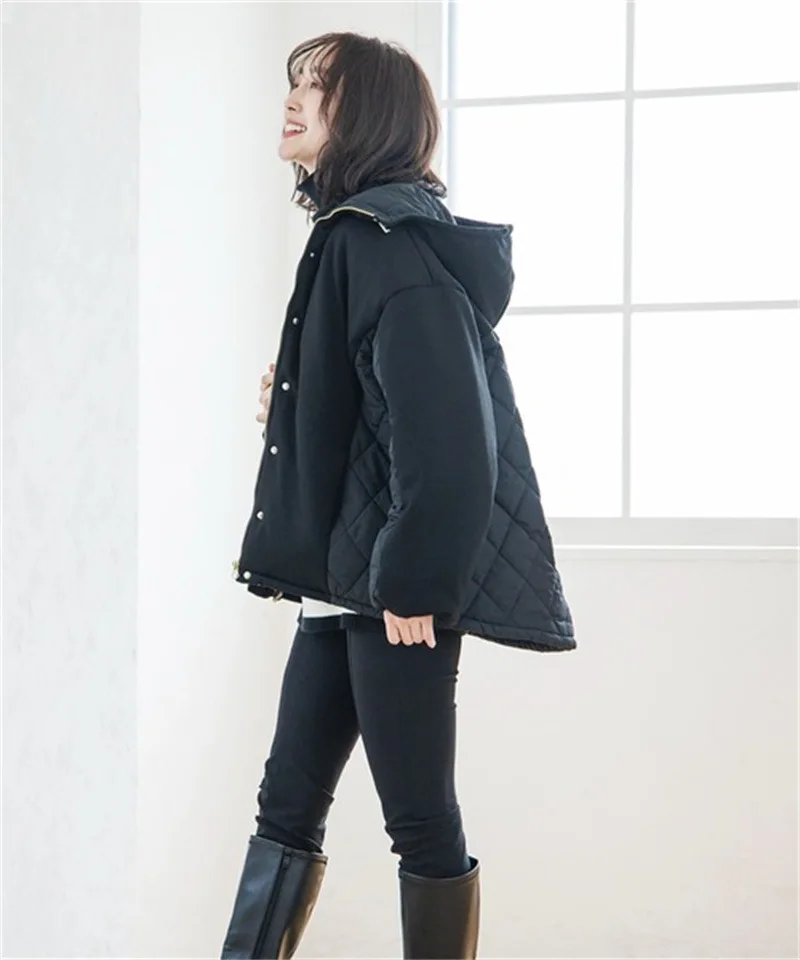 Japanese cotton parka women's loose diamond shaped plaid cotton hooded long sleeved women's coat in autumn  winter 2022