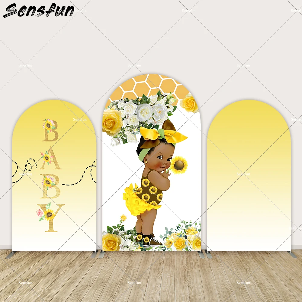 

Honey Bee Sunflower Arched Wall Backdrop Cover for Baby Shower Party Decortions Girl 1st Birthday Photo Background Studio Banner