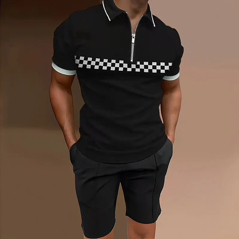 Summer New Hot Trend High Street Casual Sports Men's T-Shirt Short Sleeve Lapel Casual Stitching Solid Color Beach Suit