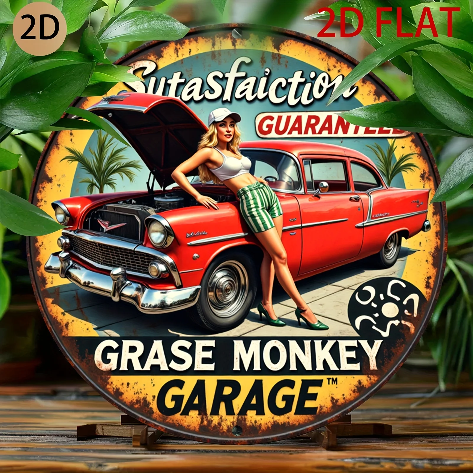 

Металлическая винтажная вывеска с автомобилем и девушкой в стиле пин-ап