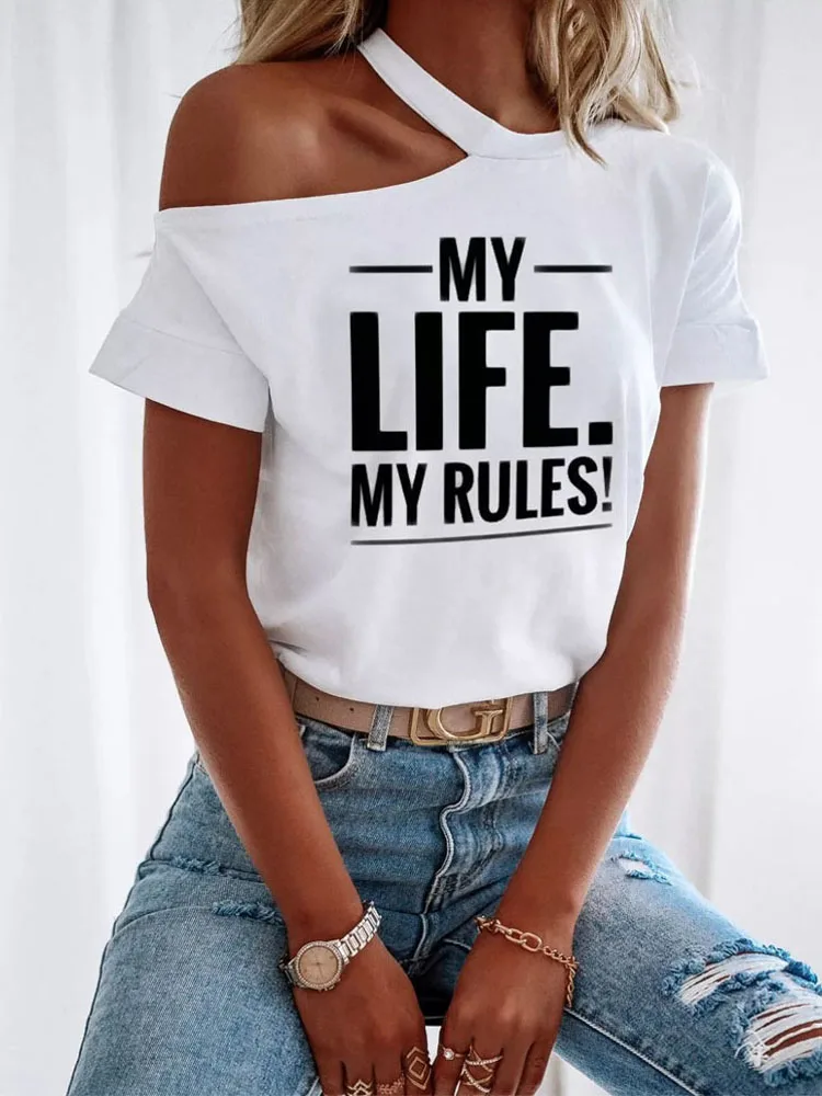 

Summer Casual Short Sleeve Loose Pullovers Blusa Fashion Alphabet Print Tops Shirts Sexy Off-the-Shoulder Backless Shirts Street