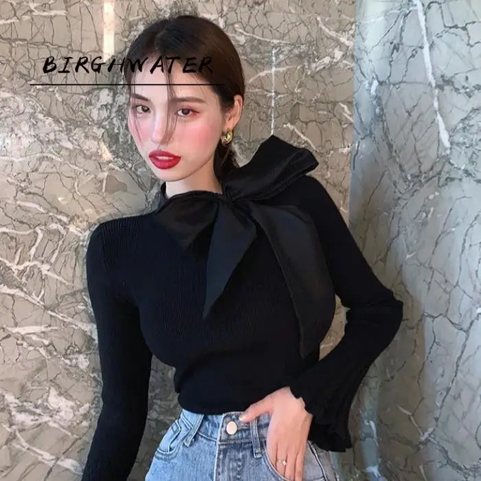 

Women Sweater 2021 Korean Fashion Knit Tops Elegant Woman Sweaters Fall Bandage Pullover Plus Size Clothes Y2K Jumper