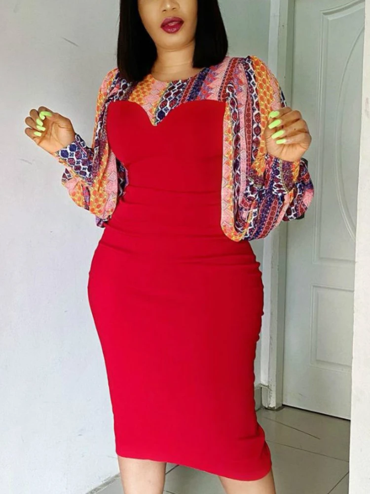 

Women Bodycon Dresses Patchwork Printed Lantern Sleeves Elegant Office Ladies Work Wear Spring New Fashion African Female 2022