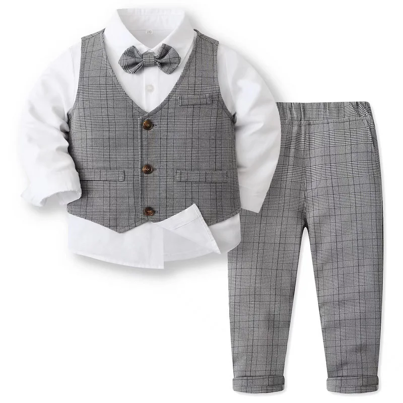 

Baby Boys Formal Blazer Suit Gentleman Clothes Sets Kids Boys Birthday Wedding Party Dress Suit Sets Bowtie Shirt+Vest+Trouser