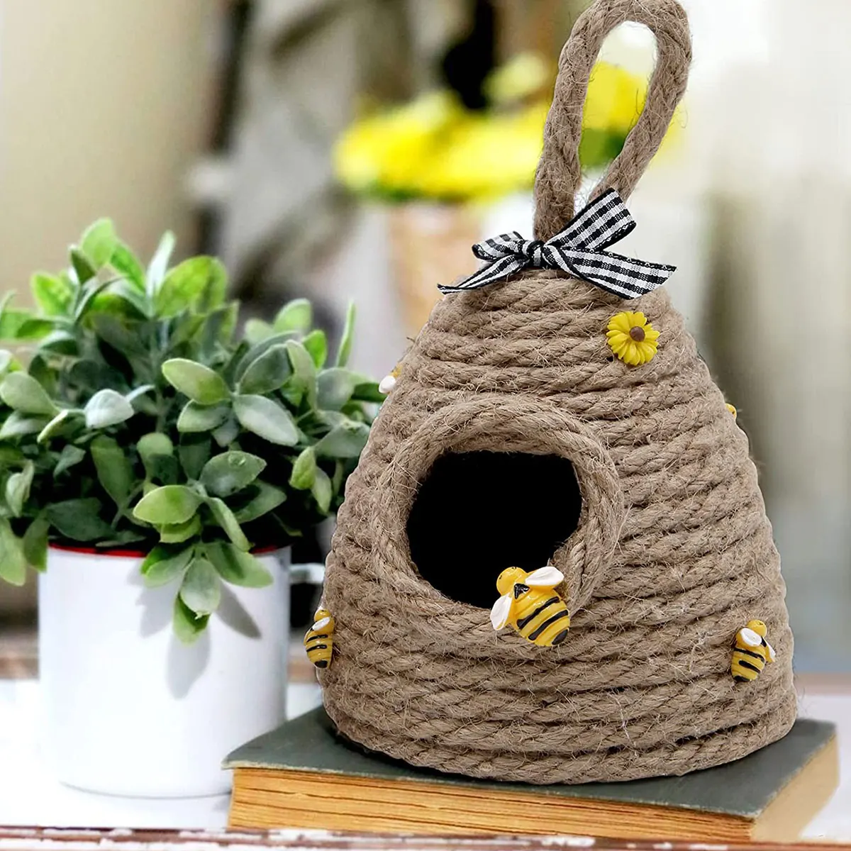 

Beehive Decor Jute Hanging Bee Tiered Tray Decor Cute Handmade Honeycomb Decoration Bee Themed Party Ornament for Farmhouse