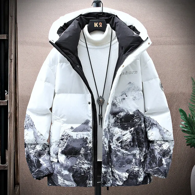 Down Jacket Men's Fashion Short 2021 New Thickened Gradient Snow Mountain Winter Couple Hooded Jacket Casual Coat