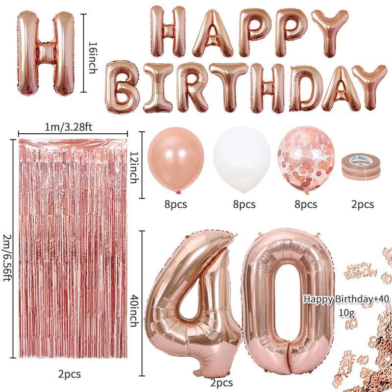 Happy Birthday 30 40 50 60 Years Old Rose Gold Aluminum Film Digital Balloon Set Bachelor Party Anniversary Party Decoration images - 6