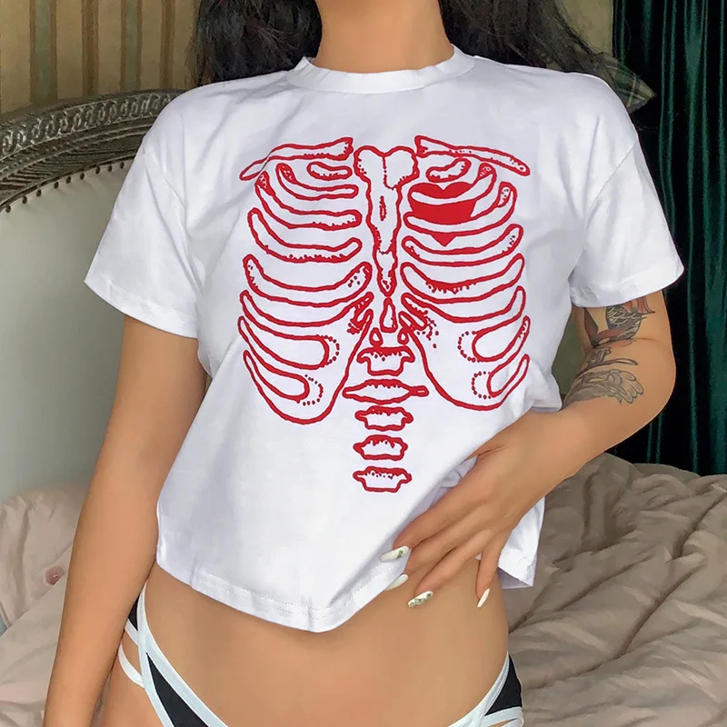 

T Shirt Women Punk E-girl Tee Gothic Skull Print T-shirt Streetwear Summer Short Sleeve Casual O-neck Basic Crop Top Y2k