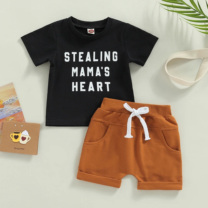 

Infant Baby Boys 2Pcs Summer Outfits Casual Short Sleeve Letter Print T-Shirt + Rolled Cuff Shorts Clothes Set For 0-3Y