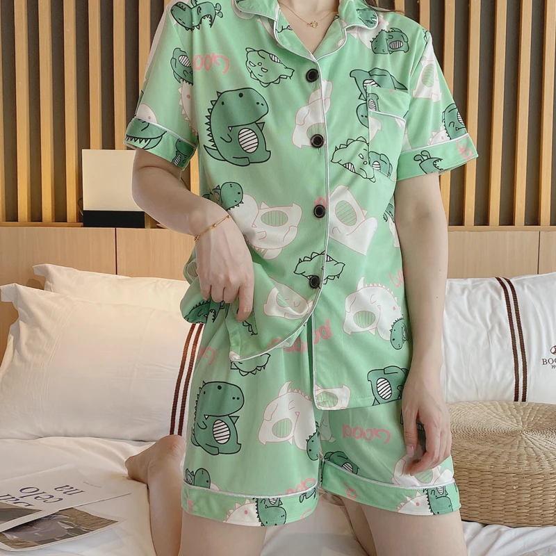 Summer Pajamas Women Short-sleeved Shorts Two-piece Milk Silk Sweet and Cute Cartoon Cardigan Lapel Home Service Sleepwear Set