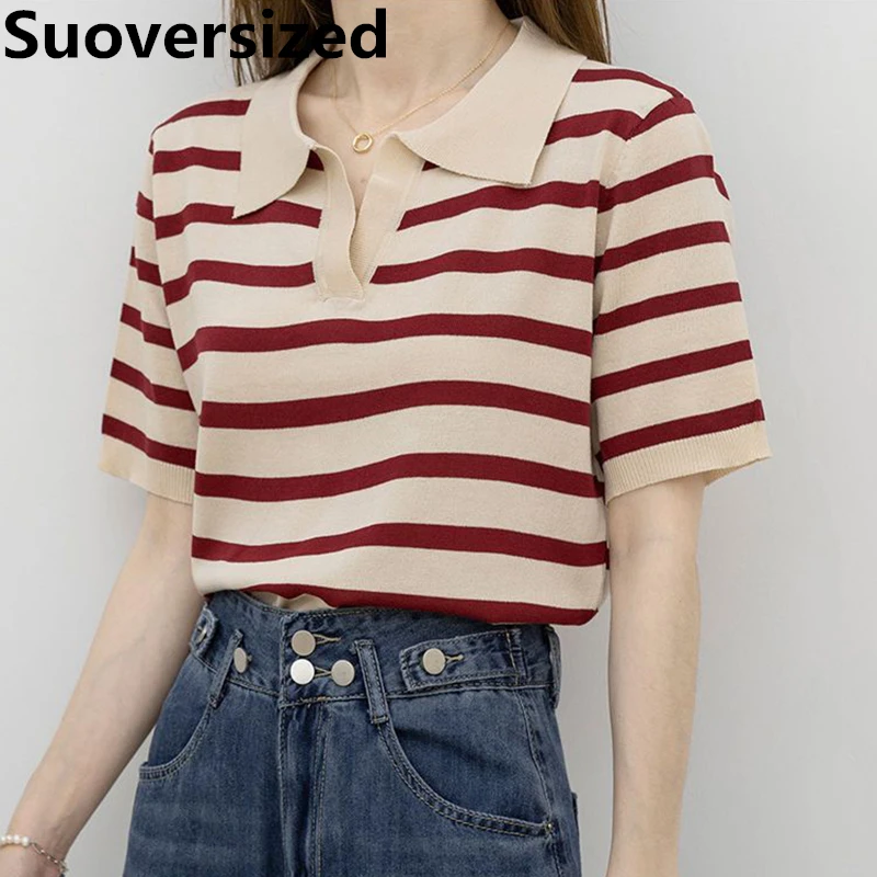 

Fashion Striped Short Sleeve Knitted T Shirt For Women Summer Polo Neck Ice Silk Thin Tops Loose Casual Korean Spliced T-shirts