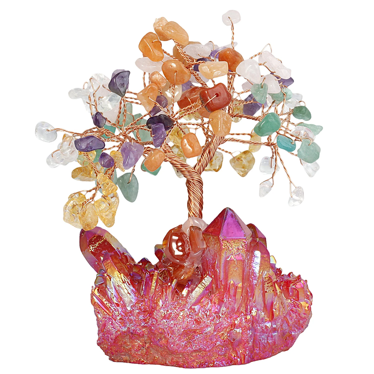 Luck Crystal Money Tree With Electroplated Titanium Aura Quartz Base Healing Chip Minerals For Room Decor Home Ornament DIY Gift