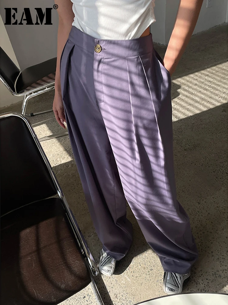 

[EAM] High Waist Purple Brief Pleated Long Wide Leg Trousers New Loose Fit Pants Women Fashion Tide Spring Autumn 2022 1DE8639