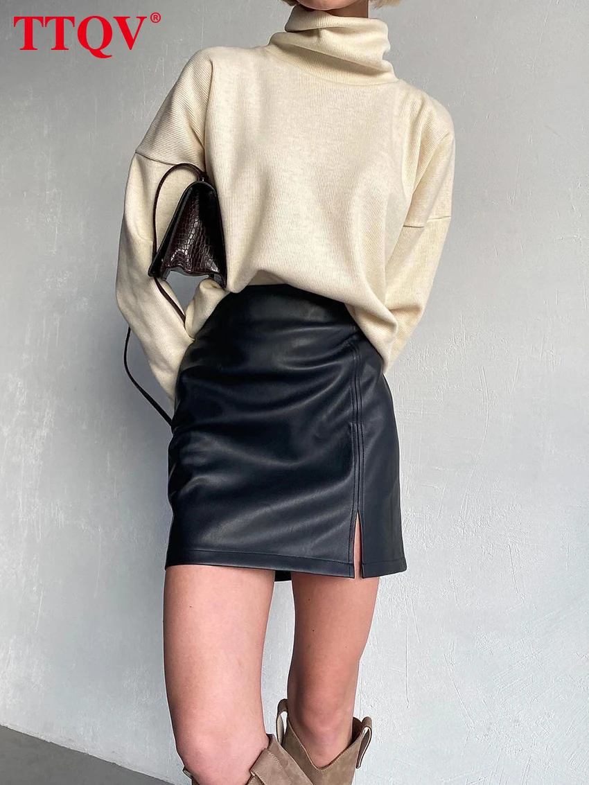 

TTQV Elegant Black Pu Leather Skirts For Women 2023 Fashion High Waisted Solid Skirts Casual Slim Mini Skirt Female Clothing