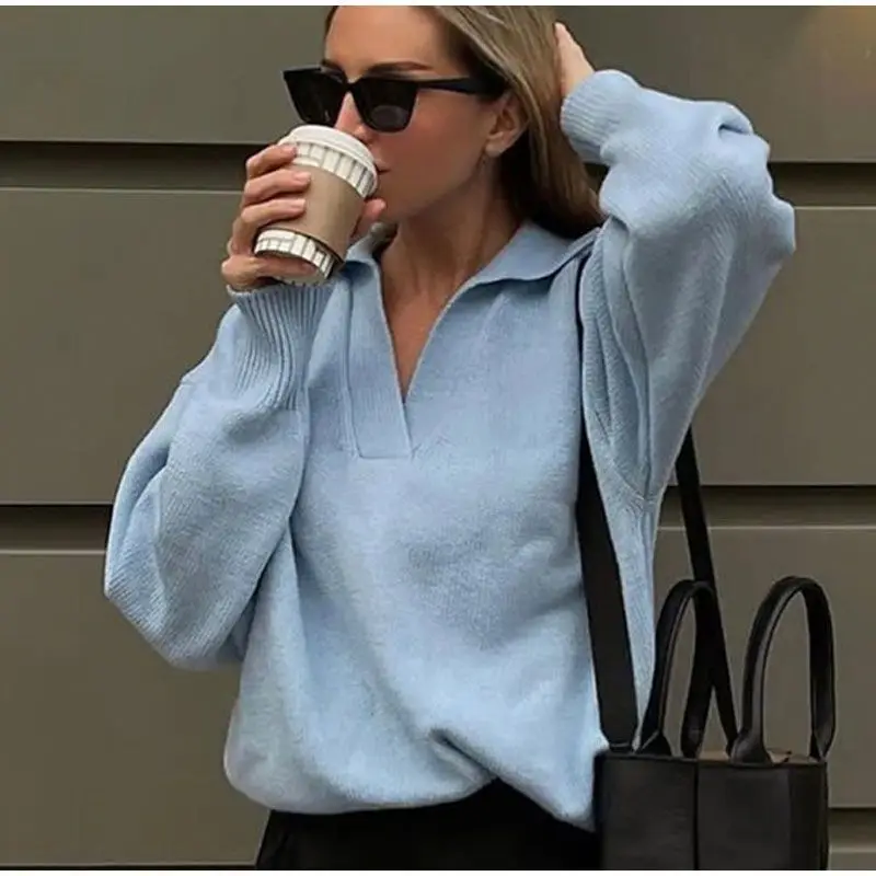 

Korean Knitwear Women's New POLO Neck Solid Color Knitted Sweater Woman Pullover