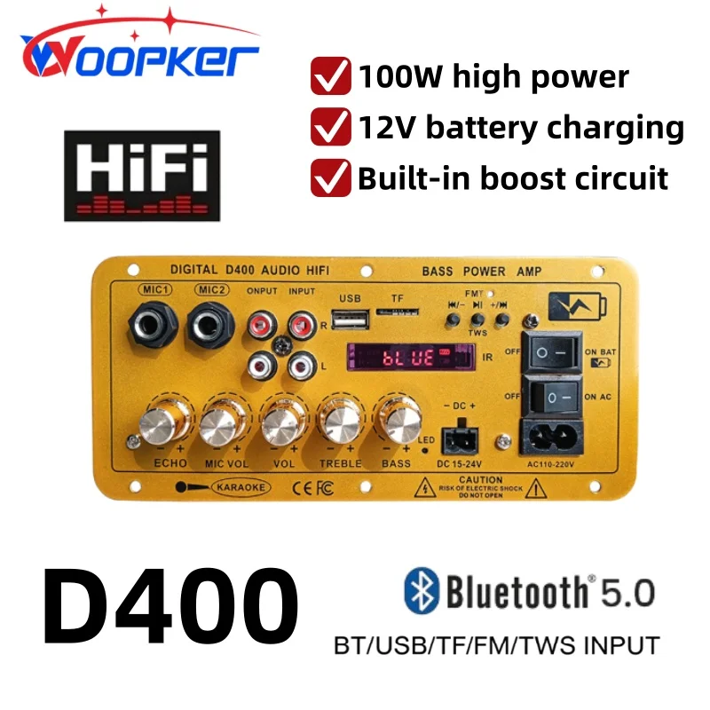Фото Плата усилителя Woopker D400 Mono Bluetooth, 100 Вт, для домашнего использования, с двумя микрофонами, перезаряжаемая, цифровая. №1