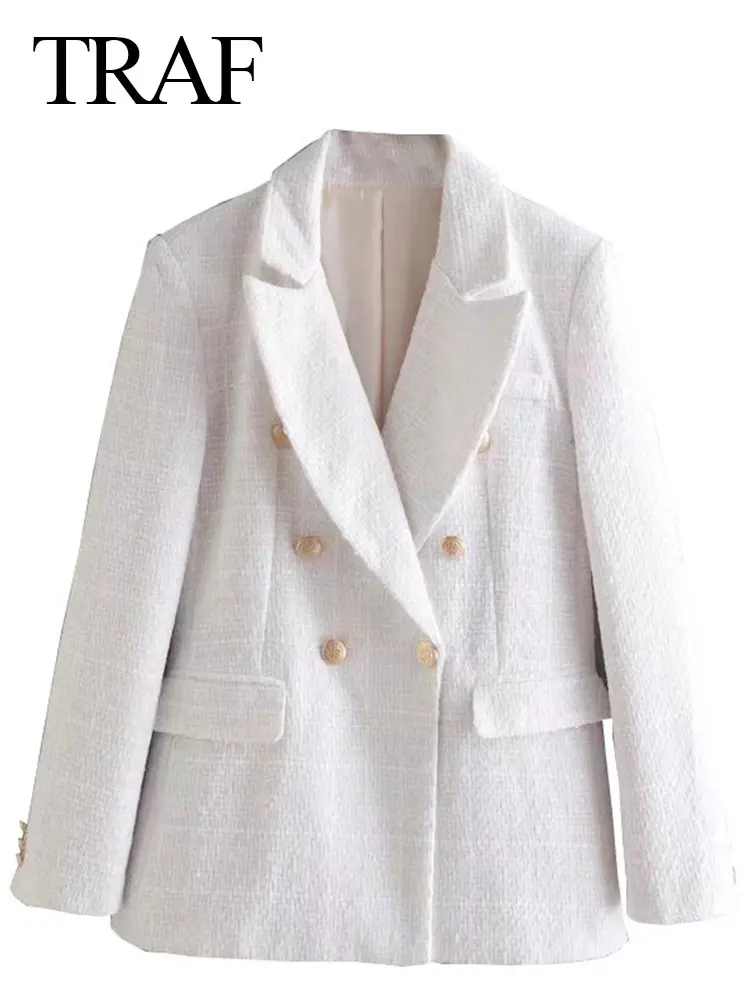 

TRAF Elegant Solid Color White Suit Jacket Double-breasted Cuff Button Notch Collar Commuter Jacket Women's Spring Blazer