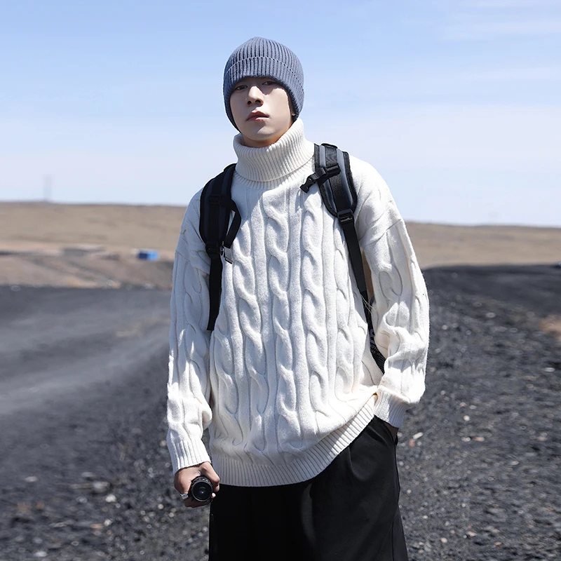 

2022 Men's Autumn Winter New Thick Twist Knitted Tops Male Turtleneck Loose Jumpers Men Loose Solid Color Sweater Tops A414