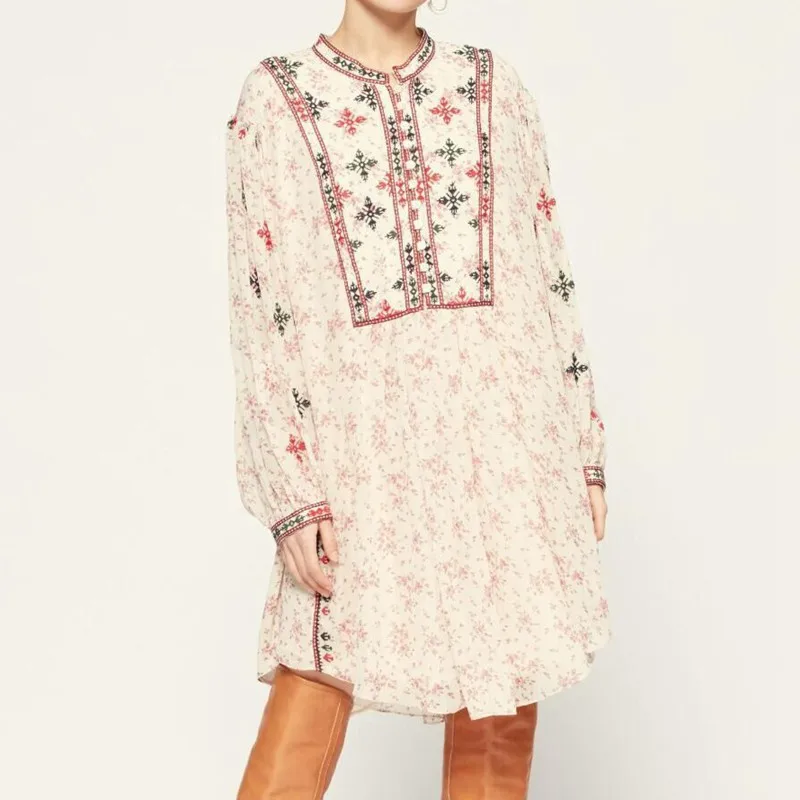 2021 New Early Spring New Retro Lantern Long Sleeve Fashion Loose Floral Print Embroidered Short Dress