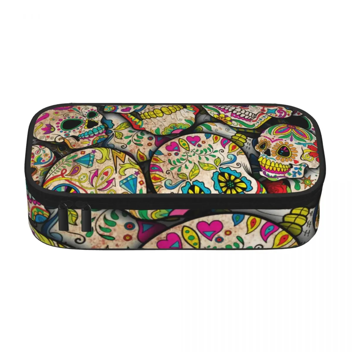 Colorful Skeleton Pencil Case Sugar Skulls Floral Print For Child Elementary School Pencil Box Large Capacity Cute Pen Bags