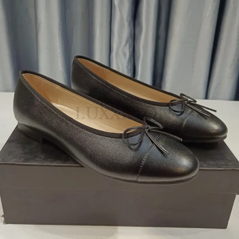 Designer Shoes Women Genuine Leather Bowknot Flats Single Fashion Lady Round Toe Light Loafers Ballet Zapados Mujer Size 34-42