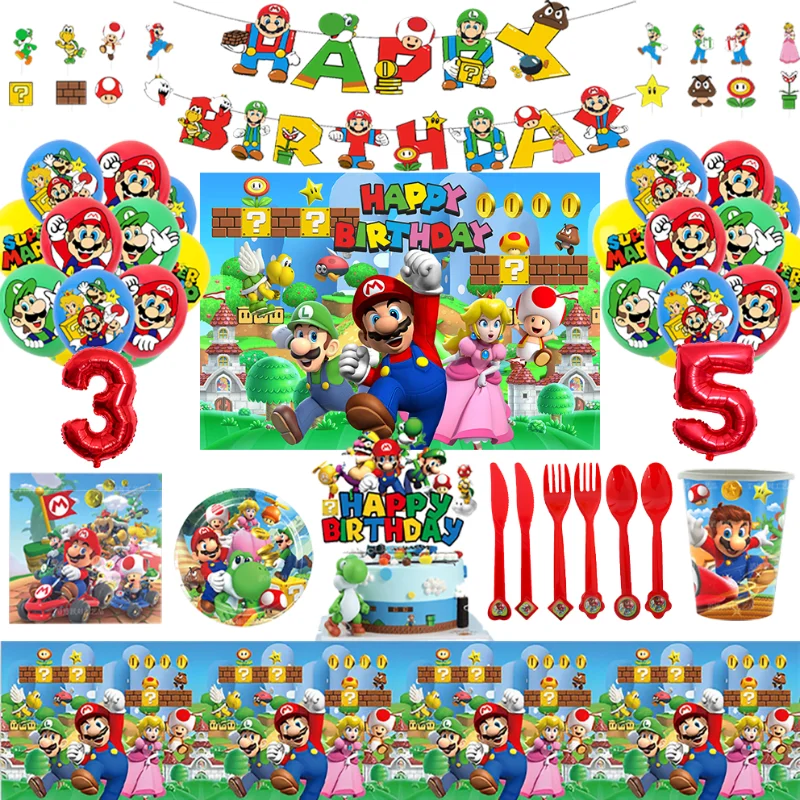 Марио вечеринка Декорации Аниме Детский День Рождения Посуда Из Бумаги Стол Салфетки Номера Шарики Топперы Для Торта Фон Новый.