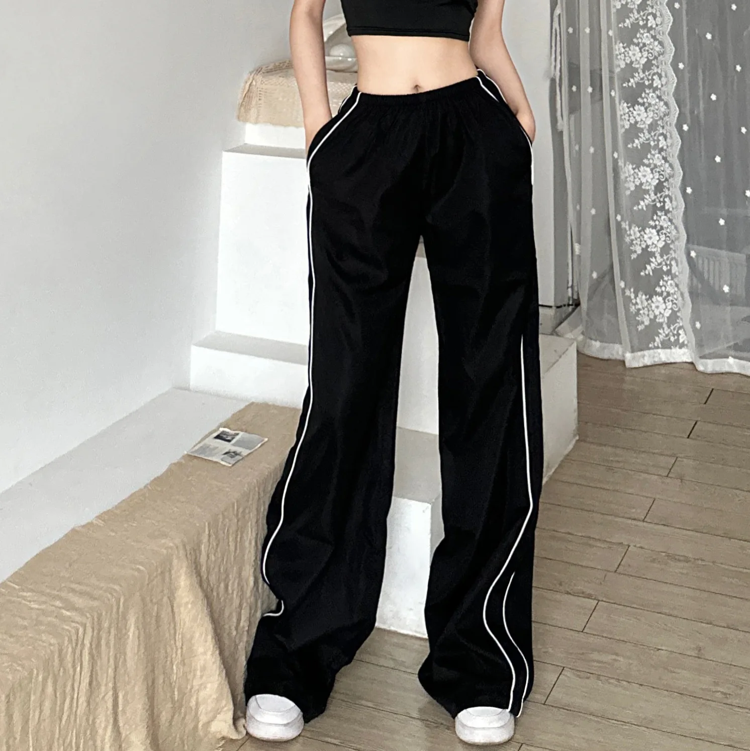 Street High Waist Loose Striped Drawstring High Waist Ankle Banded Staight Pants Sports Hot Girl Casual Pants Summer Trousers