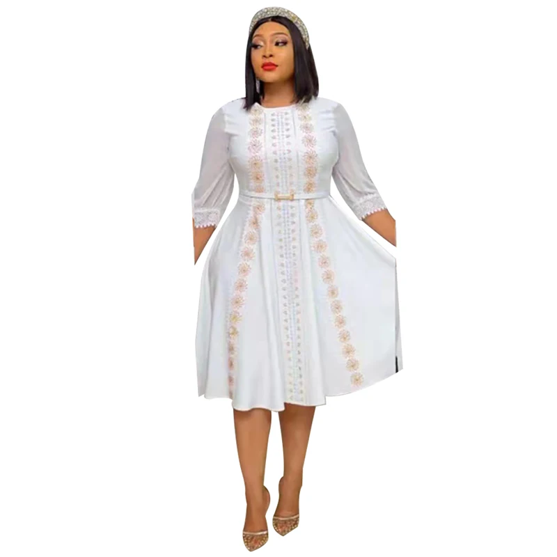 

African A Line Dress Women High Waist 3/4 Sleeve Africa Clothing Summer Mesh Splice Fashion Dashiki African Office Lady Dresses