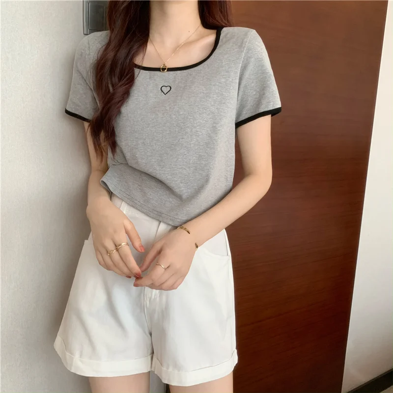 

7541 2022 new love embroidery contrast color slim slimming summer women's short-sleeved T-shirt