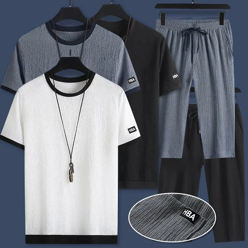

Summer Men'S Sportswear Solid Color Short Sleeve Slim Suitcasual Letter Tracksuit Short Sleeve Quick Dry Men'S Suit
