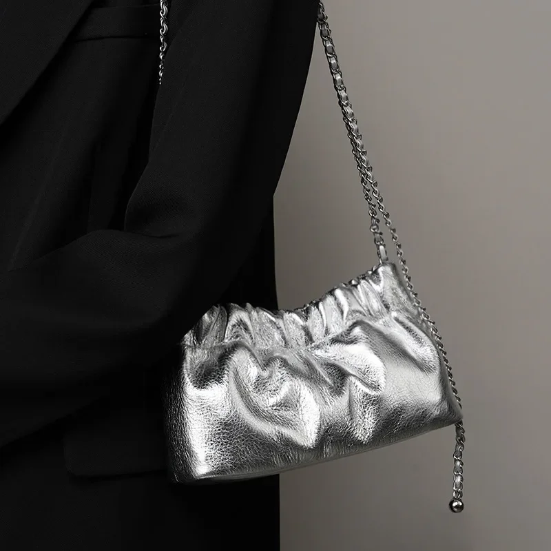 

Chain underarm pleated cowhide one shoulder crossbody bag, Christmas gift