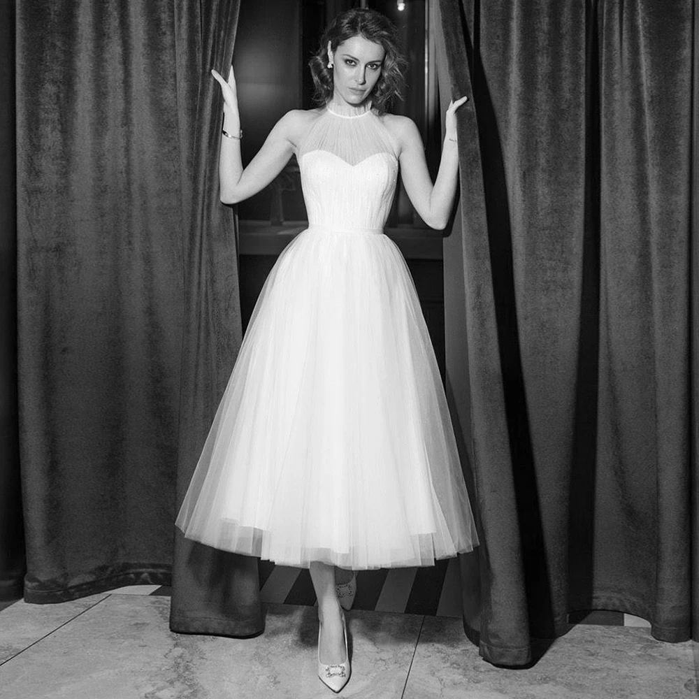 

Vintage Short Wedding Gown A Line High Collar Classic Bridal Dress Sleeveless Belt Pleated Zipper Up Tea Length Wedding Gown