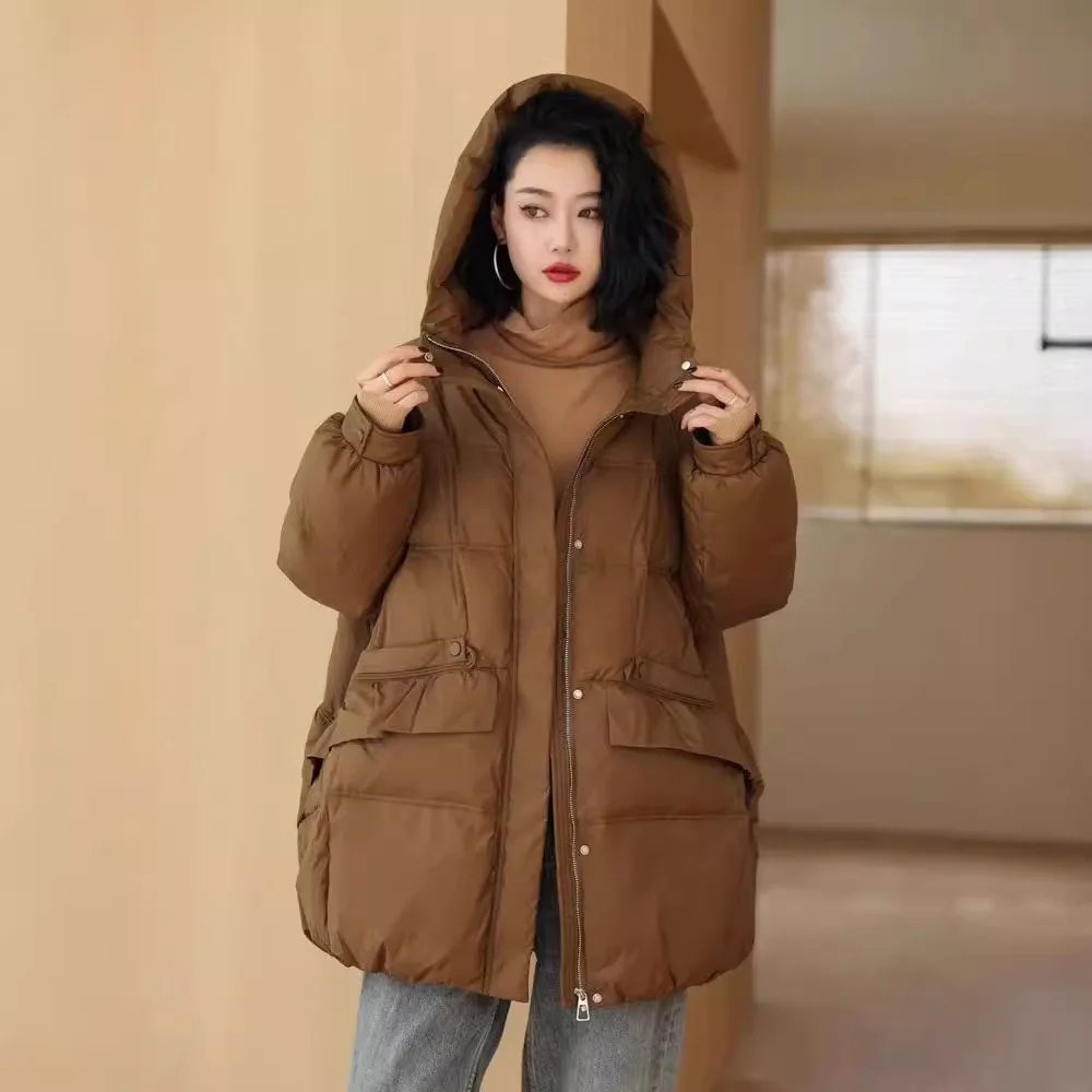 Корейский модный женский пуховик с капюшоном свободная куртка 2024 осень-зима