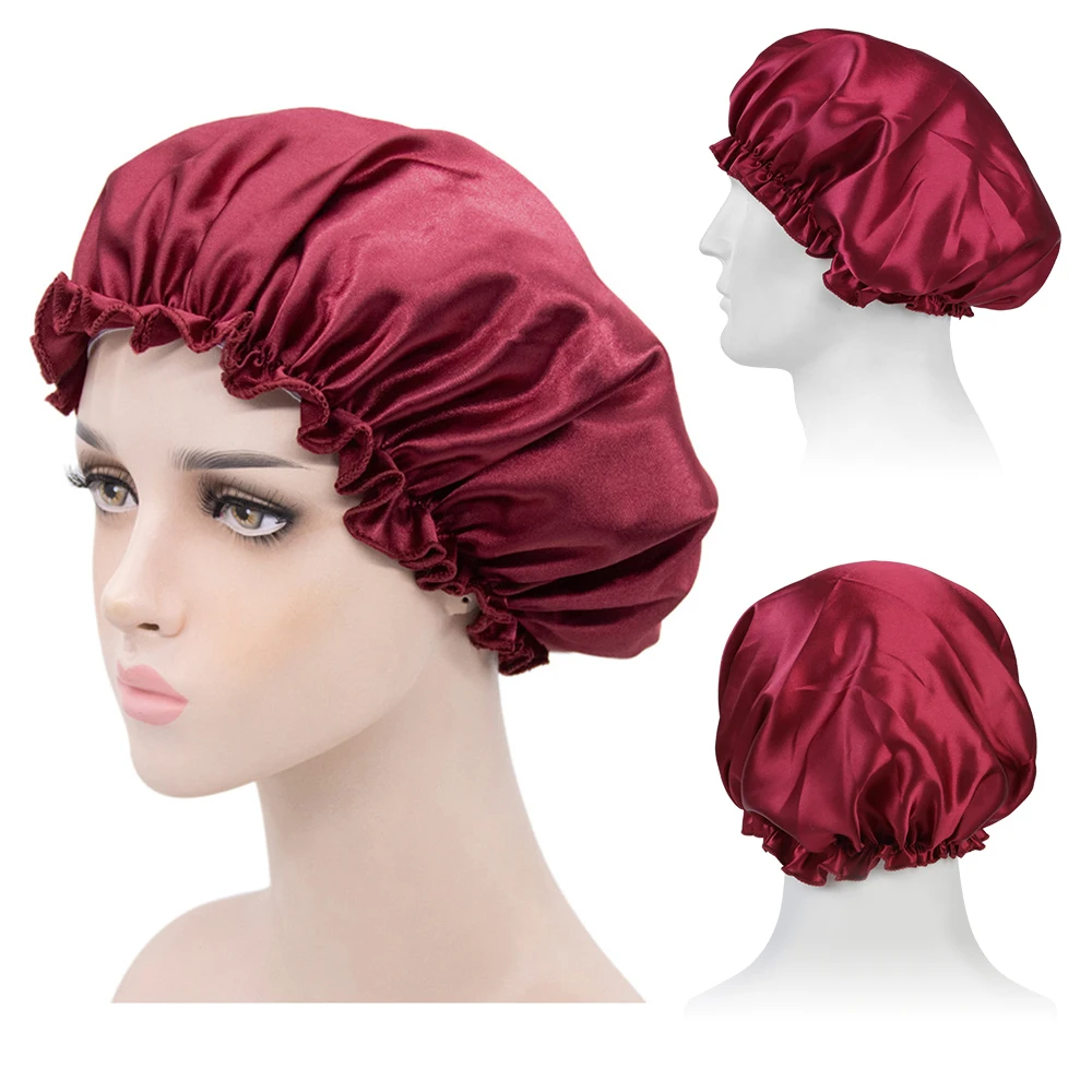 

Ночная шапочка для ухода за волосами, женская шапочка для душа, голубая, красная, желтая, трехслойная Атласная шапочка для душа, лечебная хим...