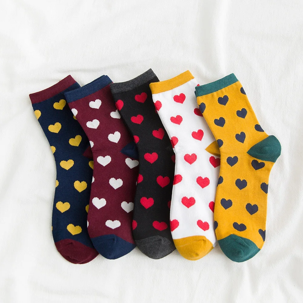 

Heart Socks White Japanese Sweets Autumn Winter Fun Gyaru Fashion Y2k Harajuku 5 Pairs Woman Cute Medium Tube Print Style Cotton