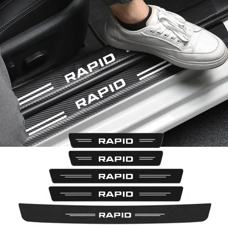 

Углеродное волокно, наклейки на порог автомобиля, против царапин, наклейки на порог, защитные полосы для заднего багажника для Skoda RAPID, аксессуары с логотипом