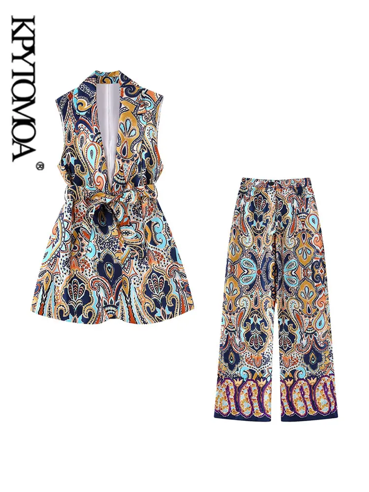 

KPYTOMOA Women Fashion With Belt Printed Waistcoat And High Waist Zipper Fly Wide Leg Pants Female Two Piece Sets Mujer