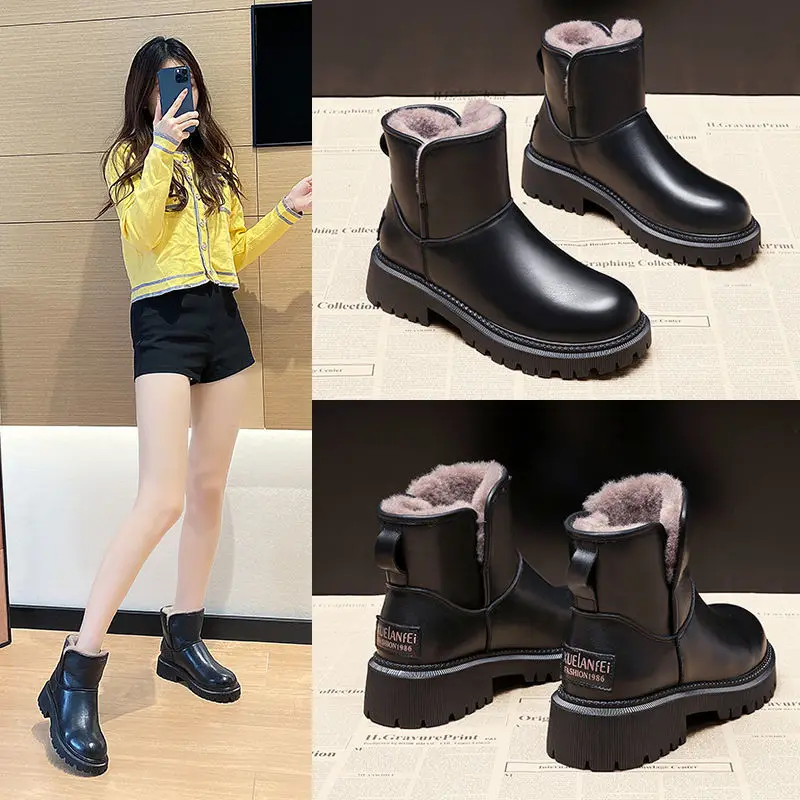 Leather and Fur Shoes for Women Waterproof Black Women's Snow Boots Furry Winter 2023 Shoe Padded Footwear Boot Booties on Sale