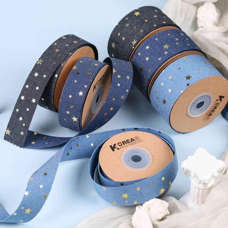 

Kewgarden 1" 1.5" 25mm 38mm Gold Star Denim Ribbons DIY Hair Bowknot Accessories Clothing Material Handmade Tape Crafts 10 Yards