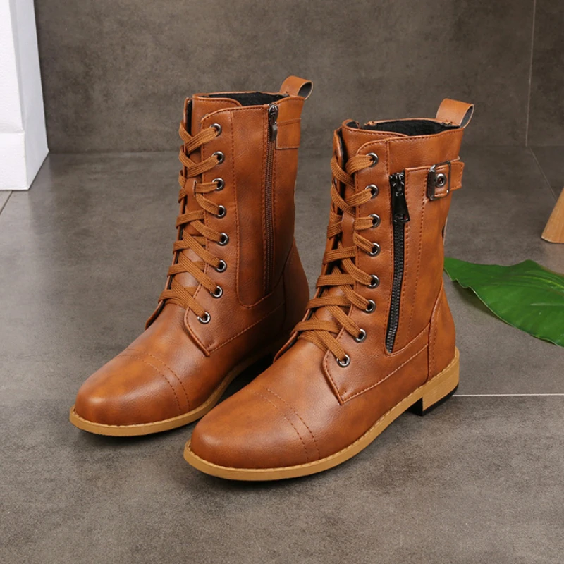 

Plus Size Retro Women Western Boots Punk Lace Up Buckle Motorcycle Boots Zipper Mid Calf Boots Ladies Short Botas Drop Shipping