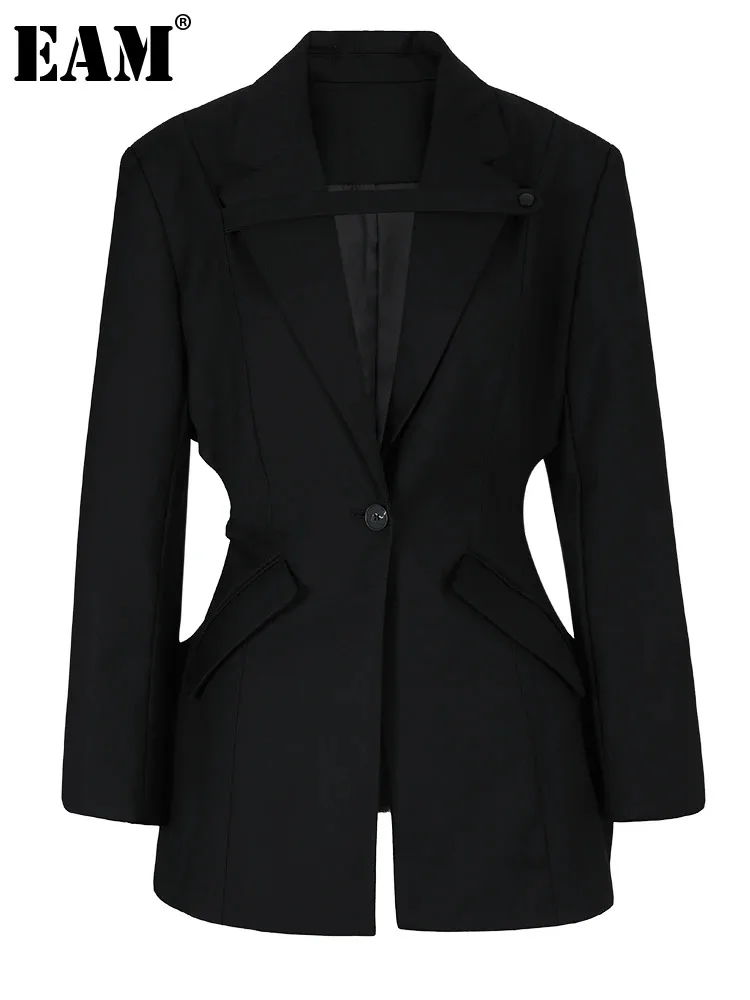 

[EAM] женский черный блейзер с вырезами на талии, большой размер, новая куртка с лацканами и длинными рукавами, модная демисезонная 2023, 1DE256606