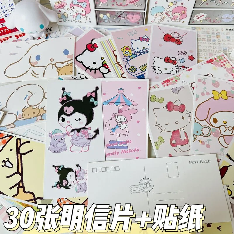 

Kawaii Sanrioed Anime Cartoon series Kuromi mymelody Cinnamoroll cute fashion girl heart 30Pcs Non-Repeating Postcards Bookmark