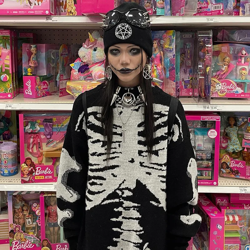 

Streetwear Sweater Skull Harajuku Knitted Sweater 2022 HipHop Pullover Casual Sweater Distressed gothic Jumper Casual Loose top