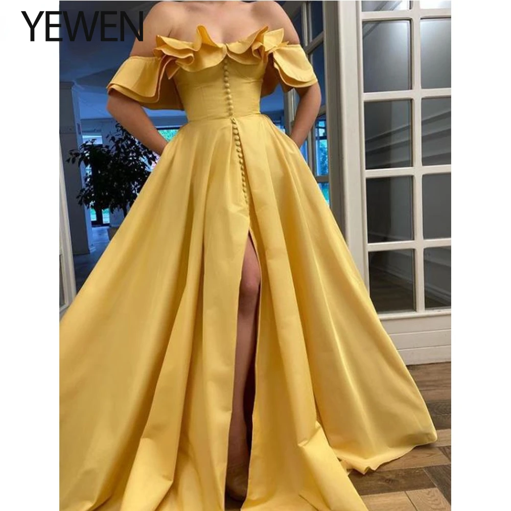 

Yellow Evening Dresses Long Luxury 2022 Off Shoulder Sleeveless Split High Low Elegant Womens Gowns For Party