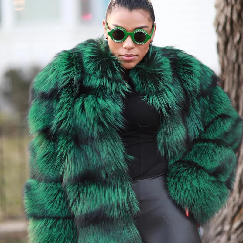 Natural Fox Fur Jacket Women Luxury Thicken High Street Outertwear Lady Winter New Warm Cozy Genuine Green Fox Fur Coat Female